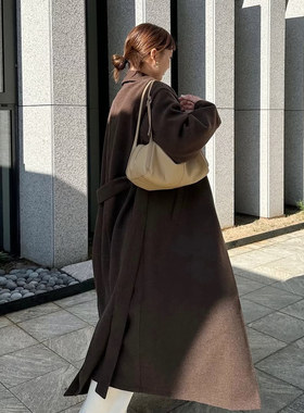 两粒扣收腰腰带中长款呢大衣外套