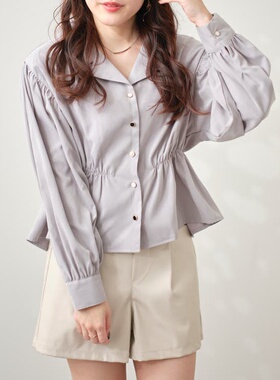 日单春秋新款时尚纯色翻领异色纽扣松紧腰长袖微起毛衬衫女26265