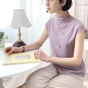30379 日单品牌夏新款 轻盈性感木耳边立领轻薄麻调无袖 打底衫 小衫