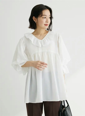 日单品牌春秋夏甜美荷叶领一粒扣松紧喇叭袖宽松娃娃衫衬衫24421