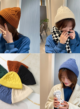 宽松帽型~仿绵羊绒柔软大弹力舒适菱形护耳毛线帽秋冬冷帽子28136