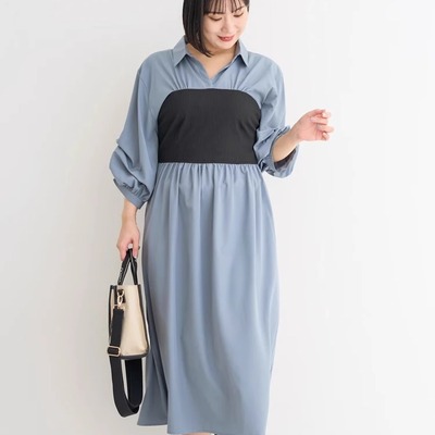 抹胸拼接后背松紧堆七分袖连衣裙
