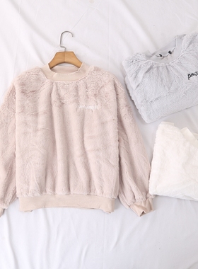 日单秋冬温暖氛围感罗纹圆领字母刺绣仿皮草毛毛卫衣绒衫女24625