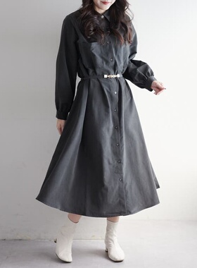 日单品牌F-5L春秋新款翻领口袋钉钻系扣后背百褶长袖连衣裙26392