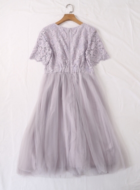 日单春夏新款清新甜美优雅礼服后拉链圆领短袖蕾丝拼接纱裙23980