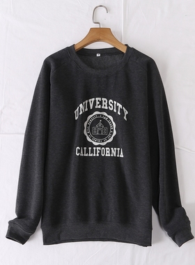 日单秋冬新款简单休闲百搭圆领字母印花加绒长袖卫衣女20770