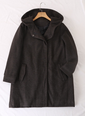 日单品牌秋冬新款简单纯色连帽拉链款中长款呢子大衣外套女28071