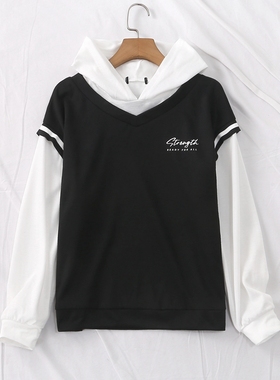 日单春秋新款年轻活力感学生装连帽长袖假两件T恤卫衣亲子装21679