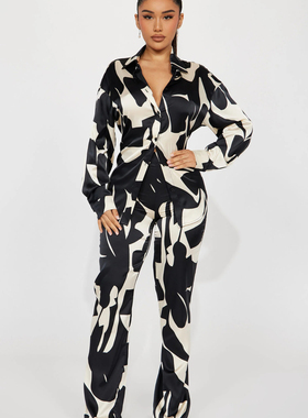 欧美单春夏秋时尚翻领黑白拼色长袖圆弧下摆衬衫+休闲裤套装26612