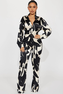 欧美单春夏秋时尚翻领黑白拼色长袖圆弧下摆衬衫+休闲裤套装26612