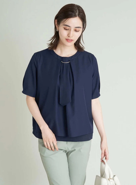 日单品牌春夏新款甜美优雅圆领后颈一粒扣带内衬短袖衬衫女30563