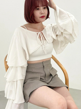 日单春秋新款优雅仙气减龄系带领双层荷叶边长袖短披肩外套31281