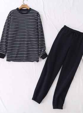 日单冬季新款休闲家居服圆领口袋条纹加绒上衣松紧束脚套装20759