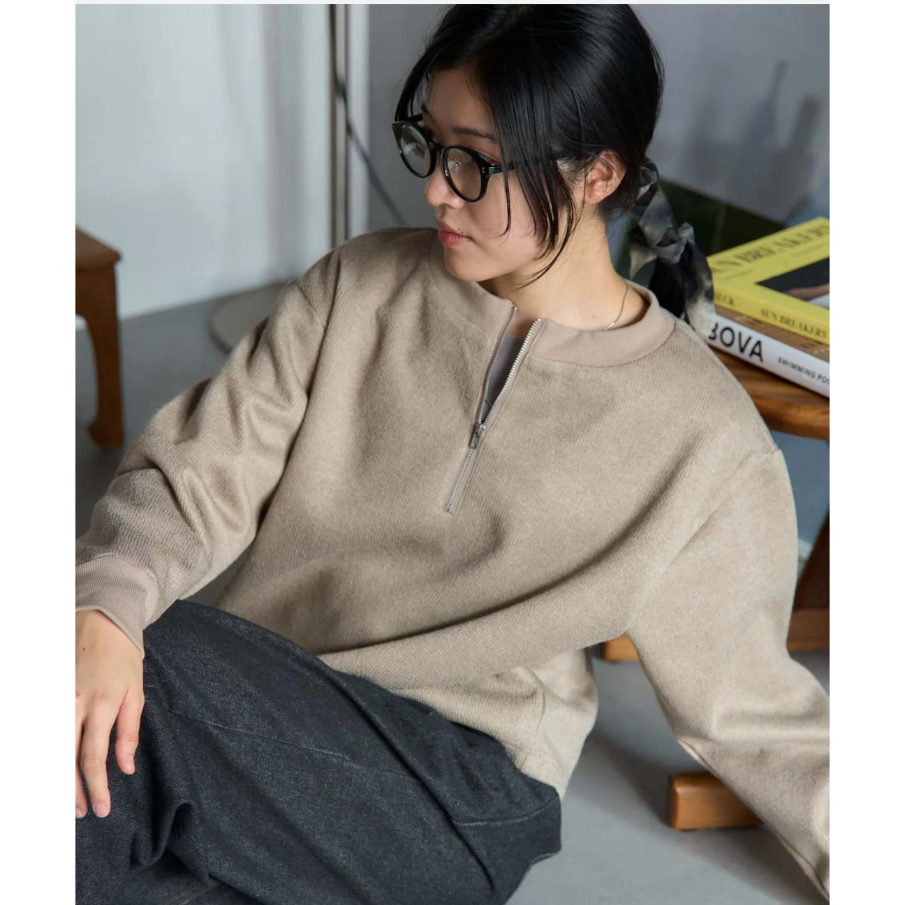 松弛感半拉链罗纹领长袖针织卫衣