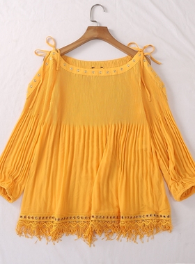 外贸单春夏新款清新甜美一字肩系带露肩七分袖杨柳褶皱衬衫23341