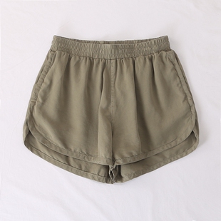 25462 纯色休闲运动松紧腰侧边口袋圆弧下摆开叉短裤 外贸夏季 新款