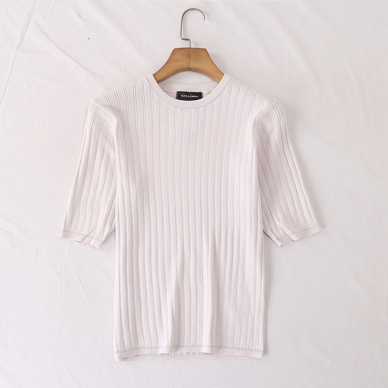 气质OL圆领竖坑条短袖针织衫上衣