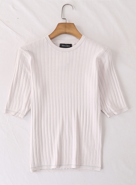 日单品牌春夏新款简约百搭气质OL圆领竖坑条短袖针织衫上衣28087