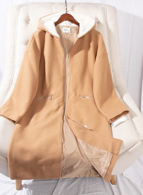 日单品牌冬季新款休闲帽子内绒侧拉链口袋中长呢子大衣外套28229