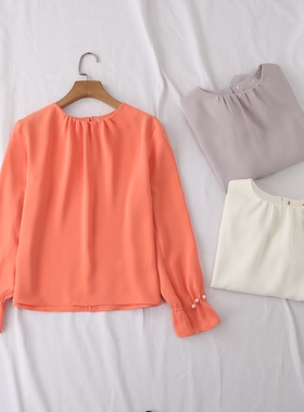 日单品牌春夏新款优雅甜美褶皱圆领珍珠钉珠衬衫雪纺衫小衫21208