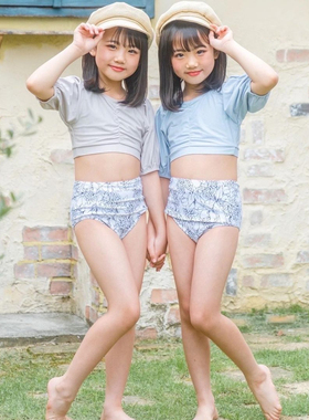 日单童装品牌夏季亲肤舒适松紧高腰短款泳衣+印花泳裤套装女26685