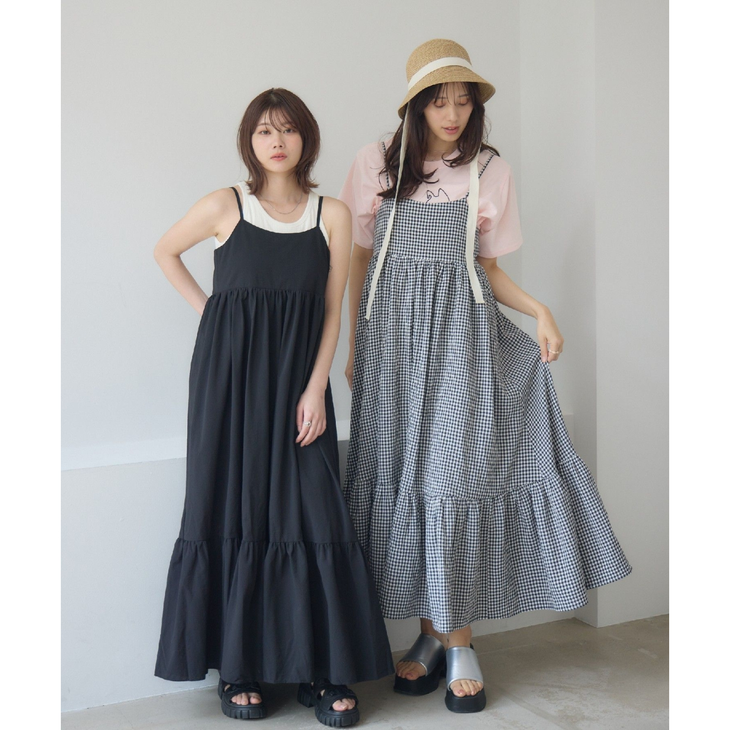 清新减龄泡泡纹理大裙摆吊带长裙