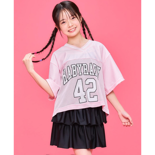 日单女童泳衣套装v领网眼字母印花上衣+吊带+带安全裤蛋糕裙30449