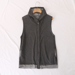 日单品牌秋冬新款 休闲百搭连帽内里条纹印花口袋马甲外套女27589