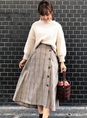 日单品牌春秋时尚显气质拉链松紧腰方扣腰带纽扣装饰半身裙23892