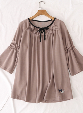 日单秋季新款时尚休闲蝴蝶结小V领领口褶插肩袖宽松小衫上衣19932