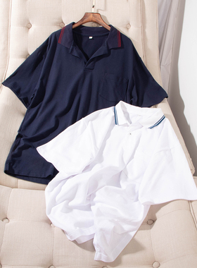 日单夏季新款宽松大码条纹翻领网面棉休闲短袖polo衫男女25628