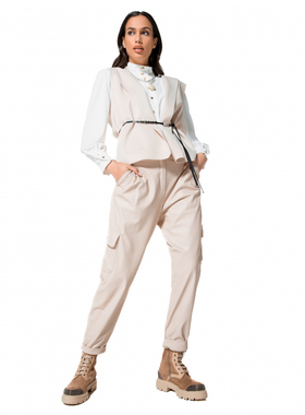 外贸单冬季新款时尚有型一粒扣拉链口袋大码柔软皮工装裤女23711