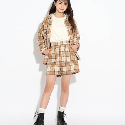 清新少女格子一粒扣短裤靴裤