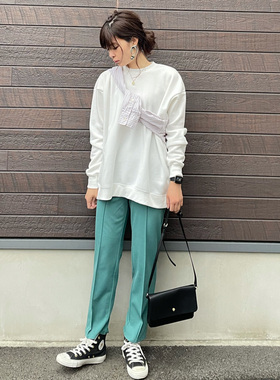 日单春夏新款简单休闲纯色时尚百搭松紧腰叠襟休闲裤长裤女21972