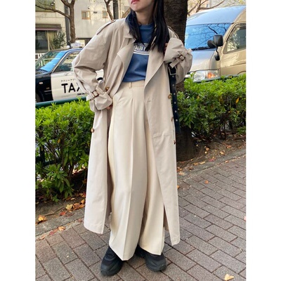 翻领双排扣收腰腰带长款风衣外套