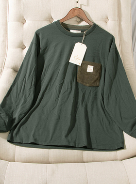 日单品牌春秋新款简单休闲拼色圆领灯芯绒口袋长袖T恤男女29019