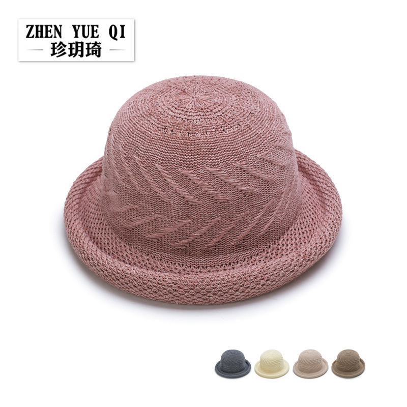 珍玥琦 春夏季镂空编织圆顶礼帽 女士双层圆边盆帽透气遮阳帽子