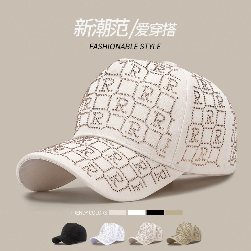 新款潮流韩版满烫水钻字母R帽子女士时尚百搭ins网红风遮阳鸭舌帽