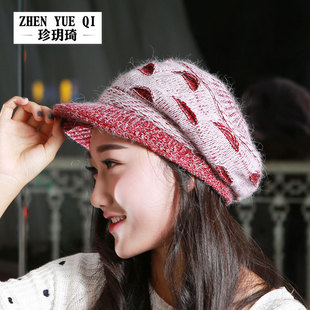 珍玥琦 韩版冬天针织兔毛帽子 女士时尚开口加绒保暖鸭舌贝雷帽