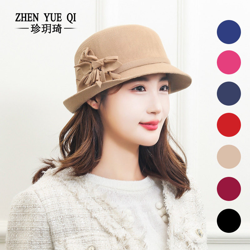 秋冬仿毛呢圆顶礼帽冬季女士英伦时尚潮卷边盆帽优雅百搭仿毡帽子