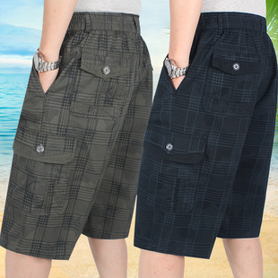 纯棉马裤 多口袋宽松高腰男式 爸爸松紧格子短裤 男士 夏季 七分裤 薄款
