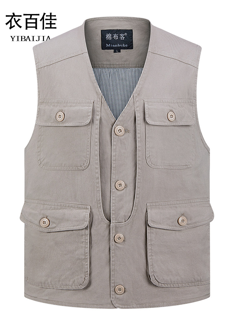 MIDDLE-AGED AND ELDERLY SPRING AND AUTUMN MENS COTTON MULTI-POCKET VEST DAD LOOSE LARGE SIZE VEST BUTTON FISHING SHOULDER