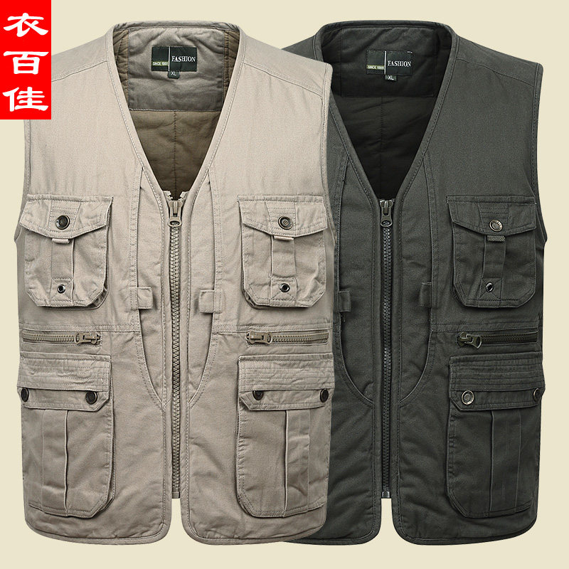 夹棉加厚中老年纯棉水洗马甲坎肩男士多口袋钓鱼摄影背心爸爸马夹