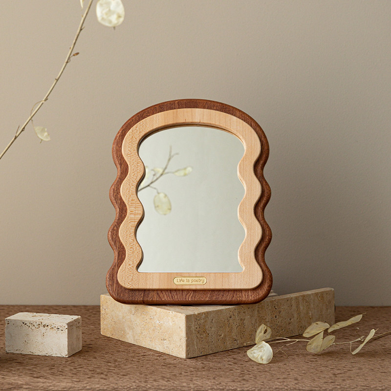 桌面化妆镜实木质波浪异形梳妆镜家用卧室台式可立便携式随身镜子