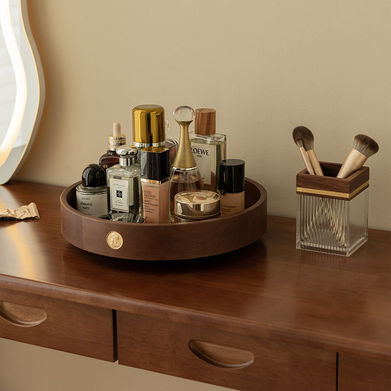 化妆品收纳盒桌面高级旋转收纳盘护肤品梳妆台香水置物架实木托盘