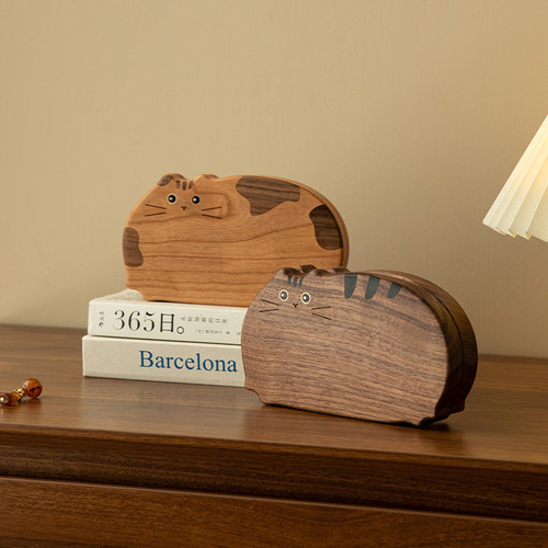 可爱猫咪实木首饰收纳盒生日礼物