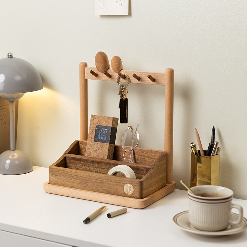 进门玄关置物架实木化妆品收纳盒桌面高级感入户摆件护肤品整理盒