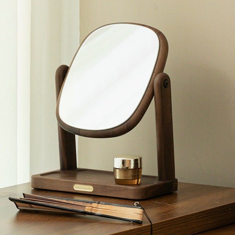 化妆镜黑胡桃木台式镜子家用高清可旋转桌面简约复古卧室梳妆台镜