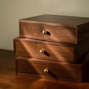 黑胡桃木抽屉收纳盒办公室玄关桌面实木首饰盒复古家用杂物整理盒