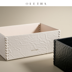 OLETHA高级感皮质桌面收纳盒玄关茶几床头杂物收纳筐化妆品收纳篮
